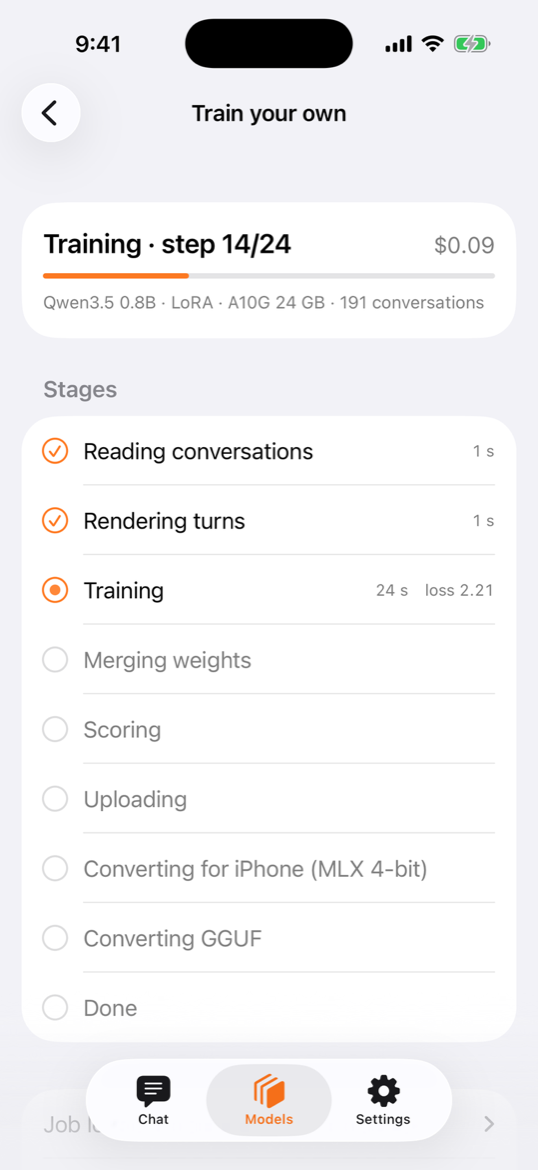 Train your own: a Hugging Face job post-tuning Qwen3.5 0.8B on 191 conversations