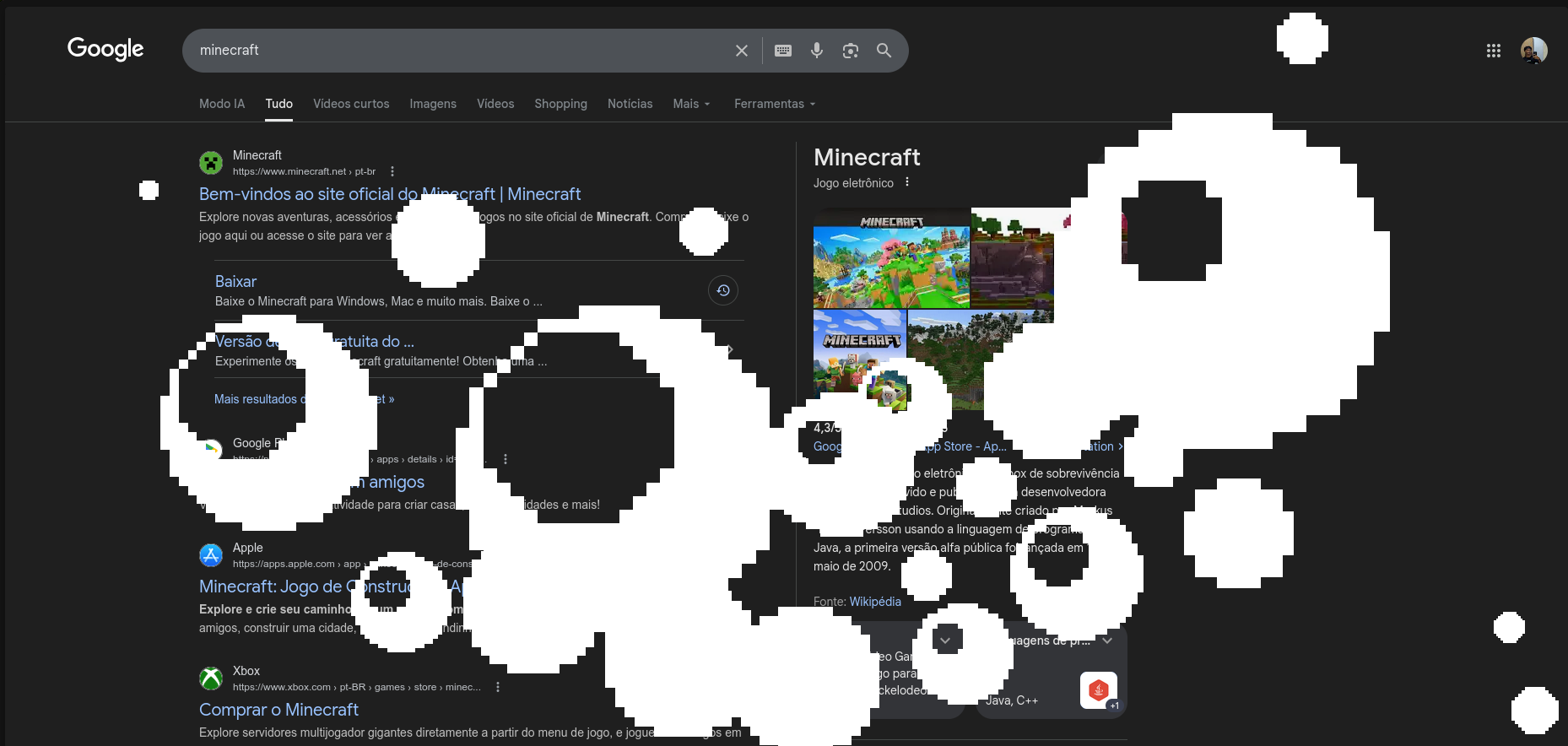 Página de busca Google com o jogo do Minecraft