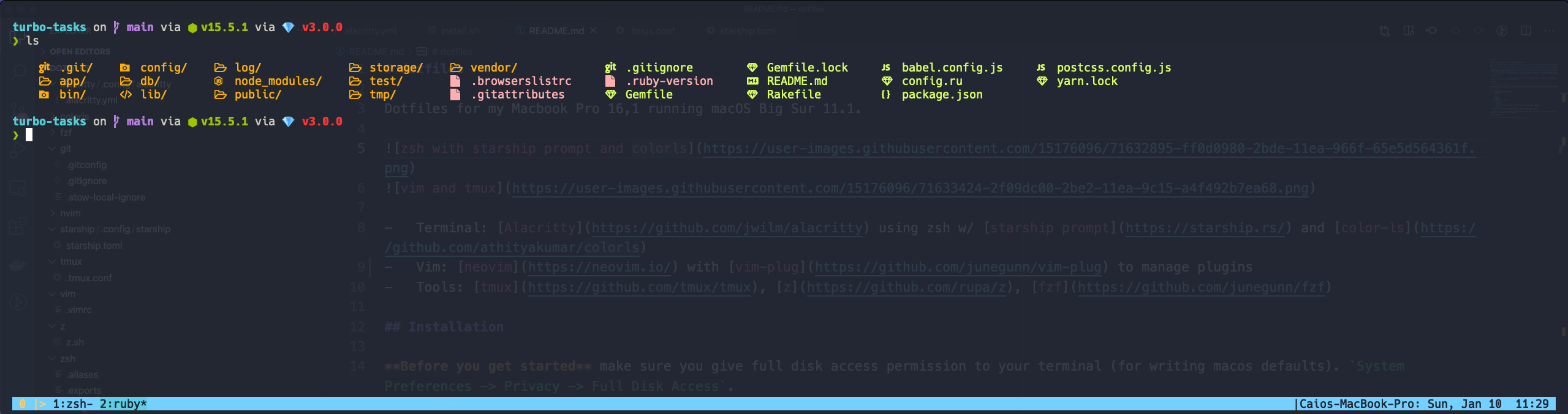 alacritty with zsh, tmux, starship prompt