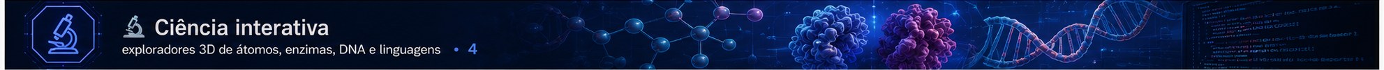 Ciência interativa — exploradores 3D de átomos, enzimas, DNA e linguagens · 4