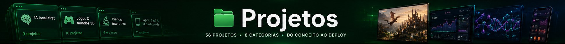 Projetos — 56 projetos, 8 categorias, do conceito ao deploy