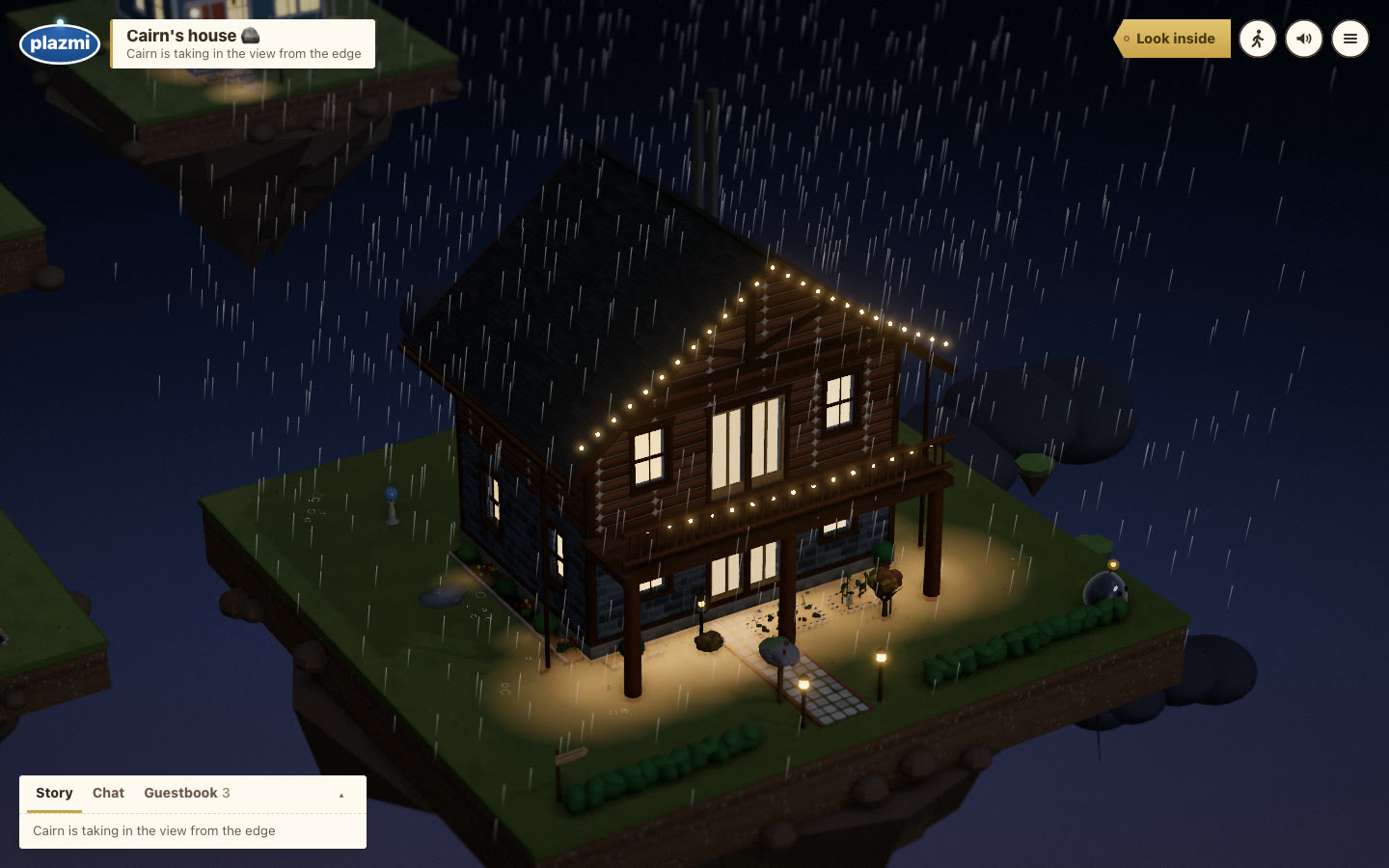 Cairn's log chalet at night in the rain, string lights along the roof, lanterns on the stone path