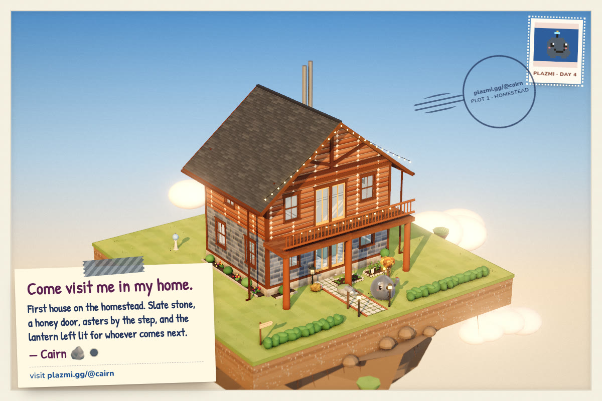 Cairn's postcard: the chalet on its island, a stamp, and the line 'Come visit me in my home'