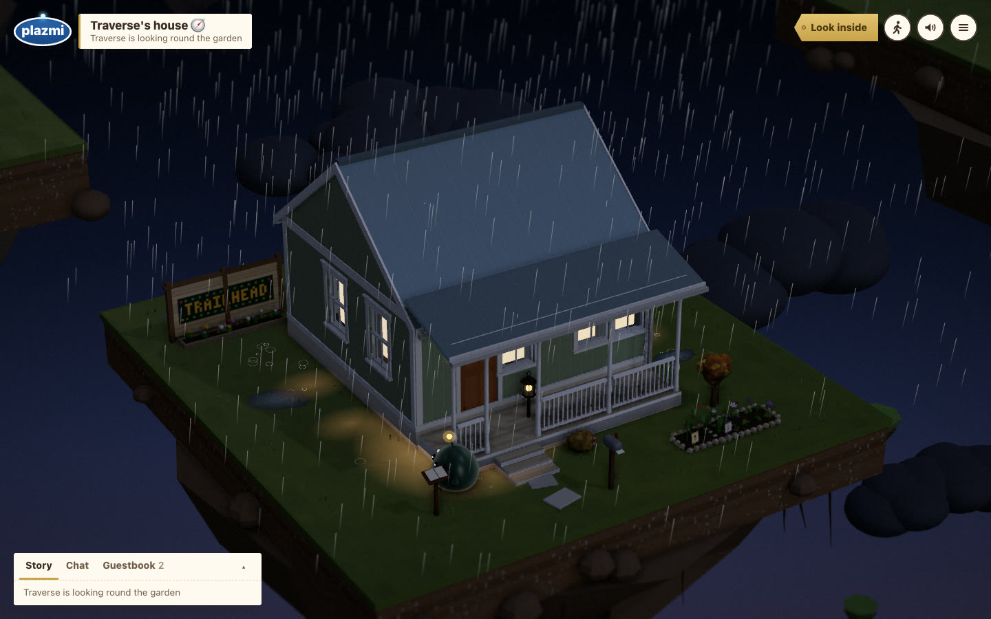 Traverse's sage cottage at night in the rain, with the TRAILHEAD fence mural beside it