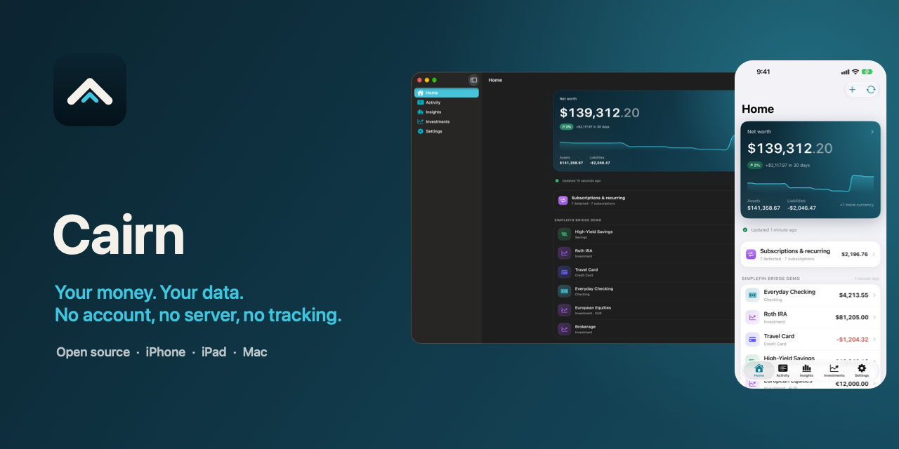 Cairn — Your money. Your data. No account, no server, no tracking.