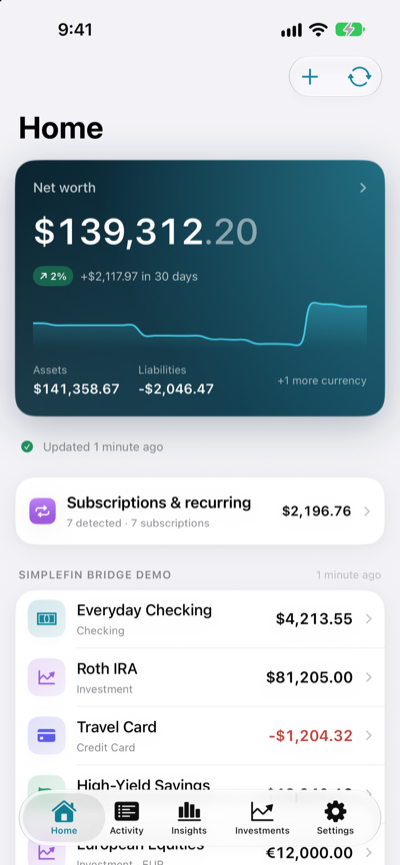 Cairn home screen on iPhone, showing net worth and account balances