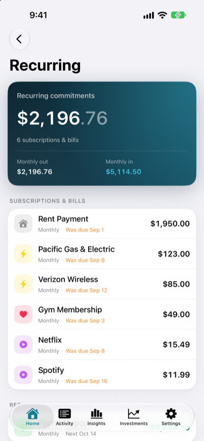 Cairn subscriptions screen on iPhone, showing detected recurring payments