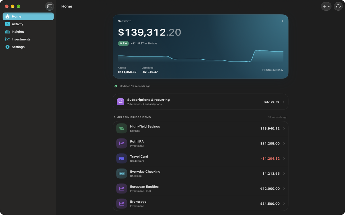 Cairn home window on Mac, showing net worth and account balances