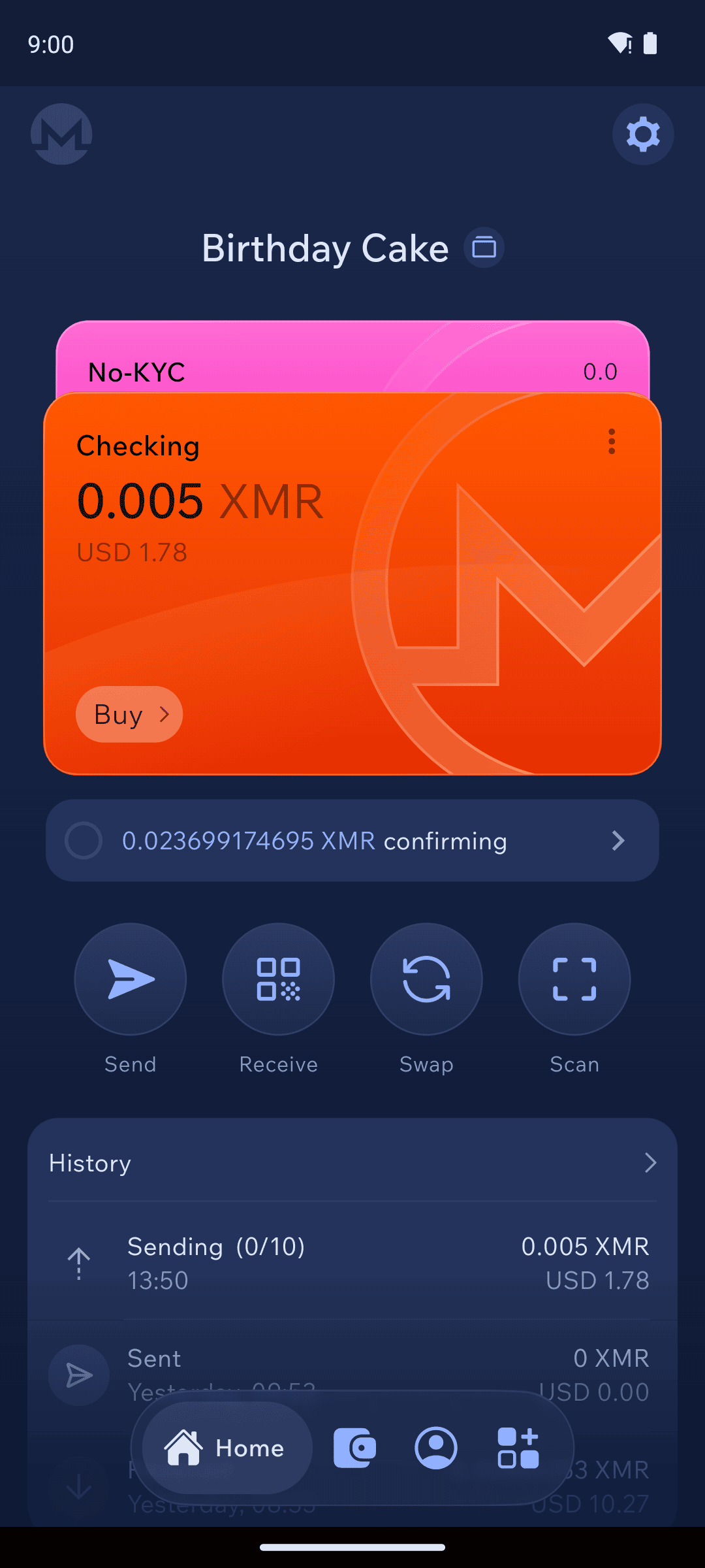 Monero home showing a confirming (locked) amount below the available balance