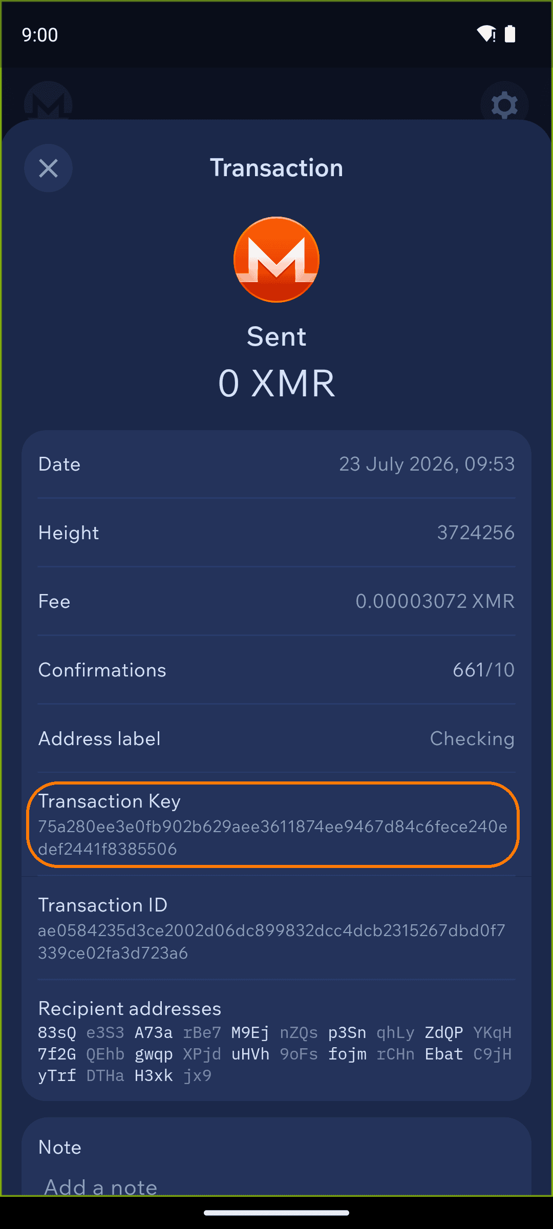Monero transaction details showing the Transaction ID, Recipient addresses, and Transaction Key