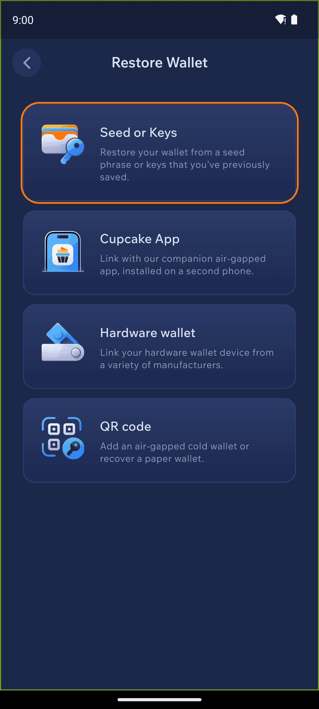 Choose Seed or Keys