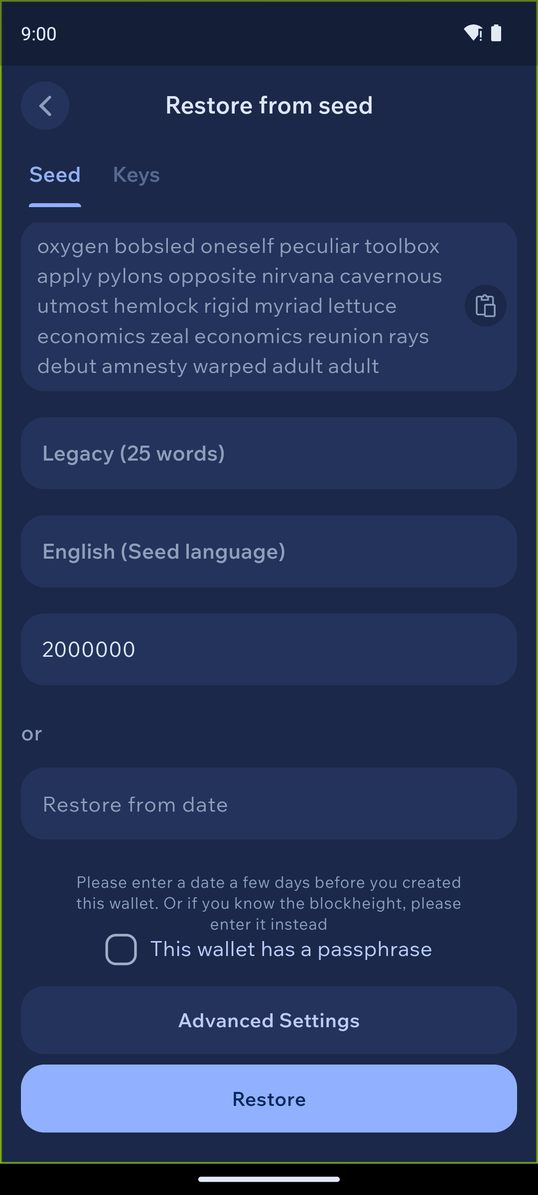 Enter the wallet creation height