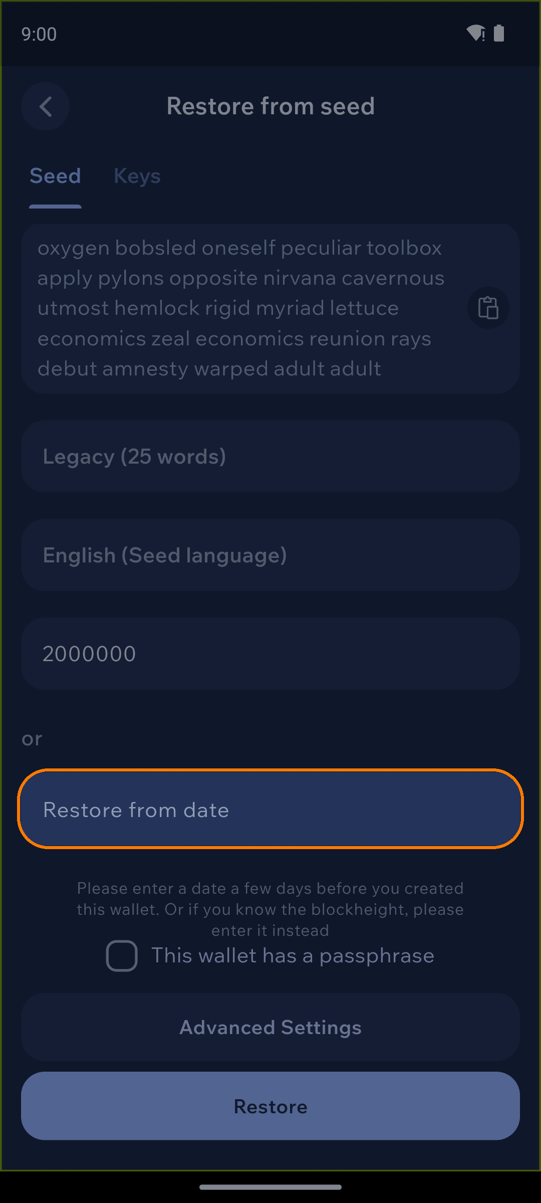 Set the restore height or date