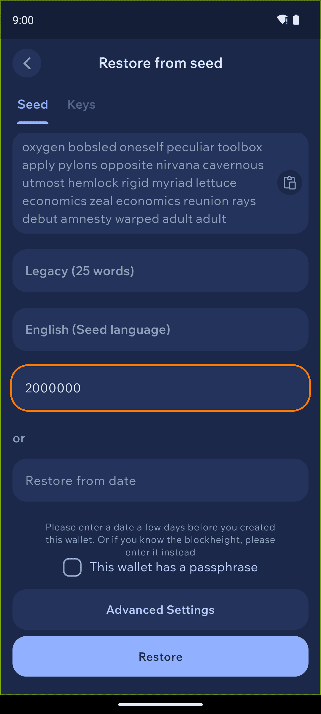 Enter the wallet creation height