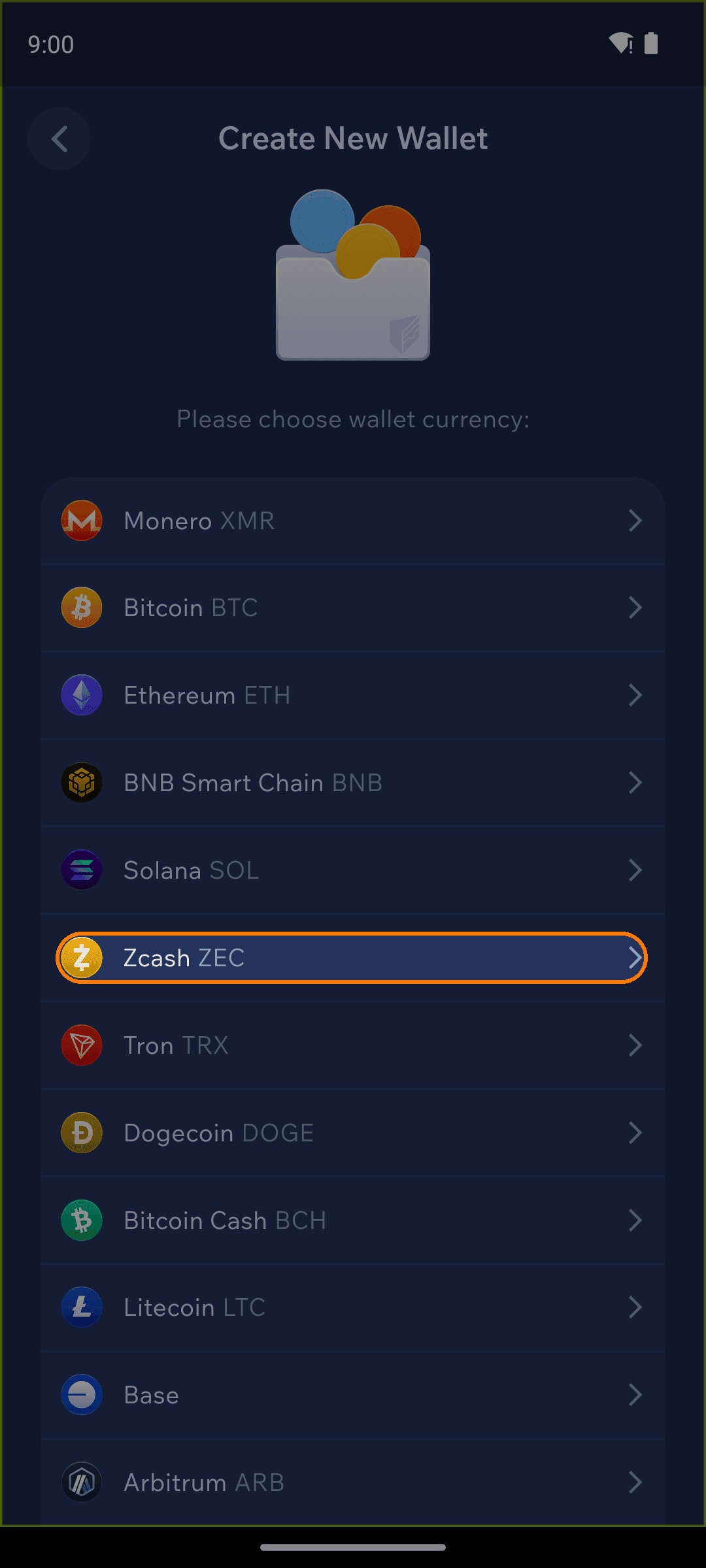 Select Zcash as the currency