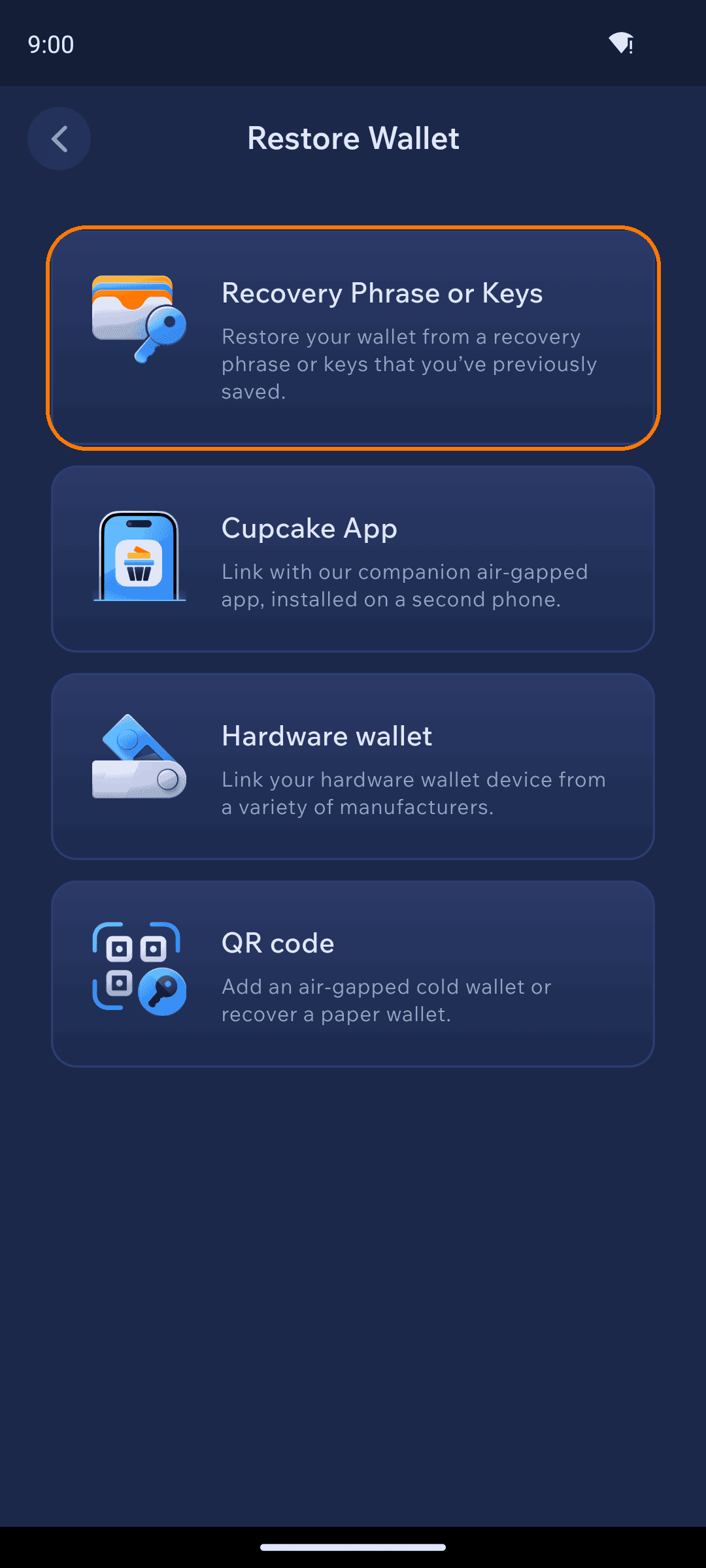 Choose Recovery Phrase or Keys