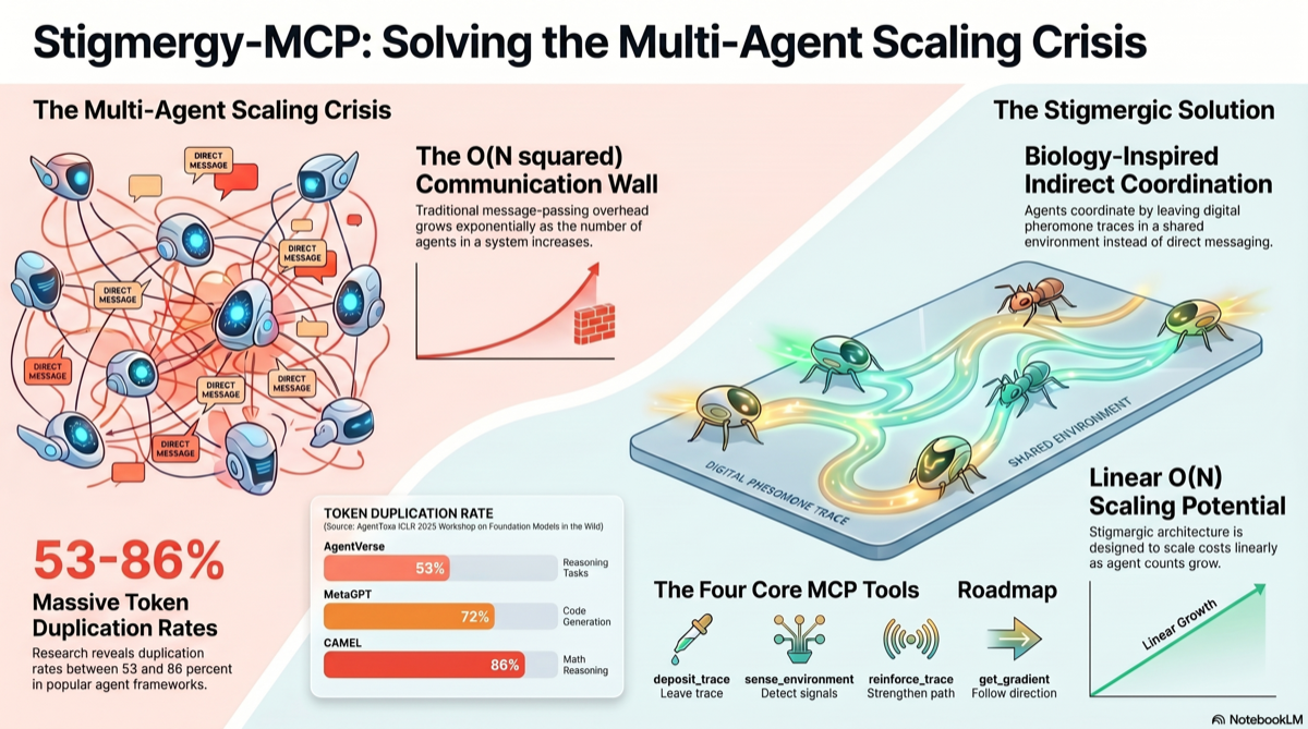 Stigmergy-MCP infographic: quadratic direct-message overhead, the linear trace hypothesis, and the four core MCP tools