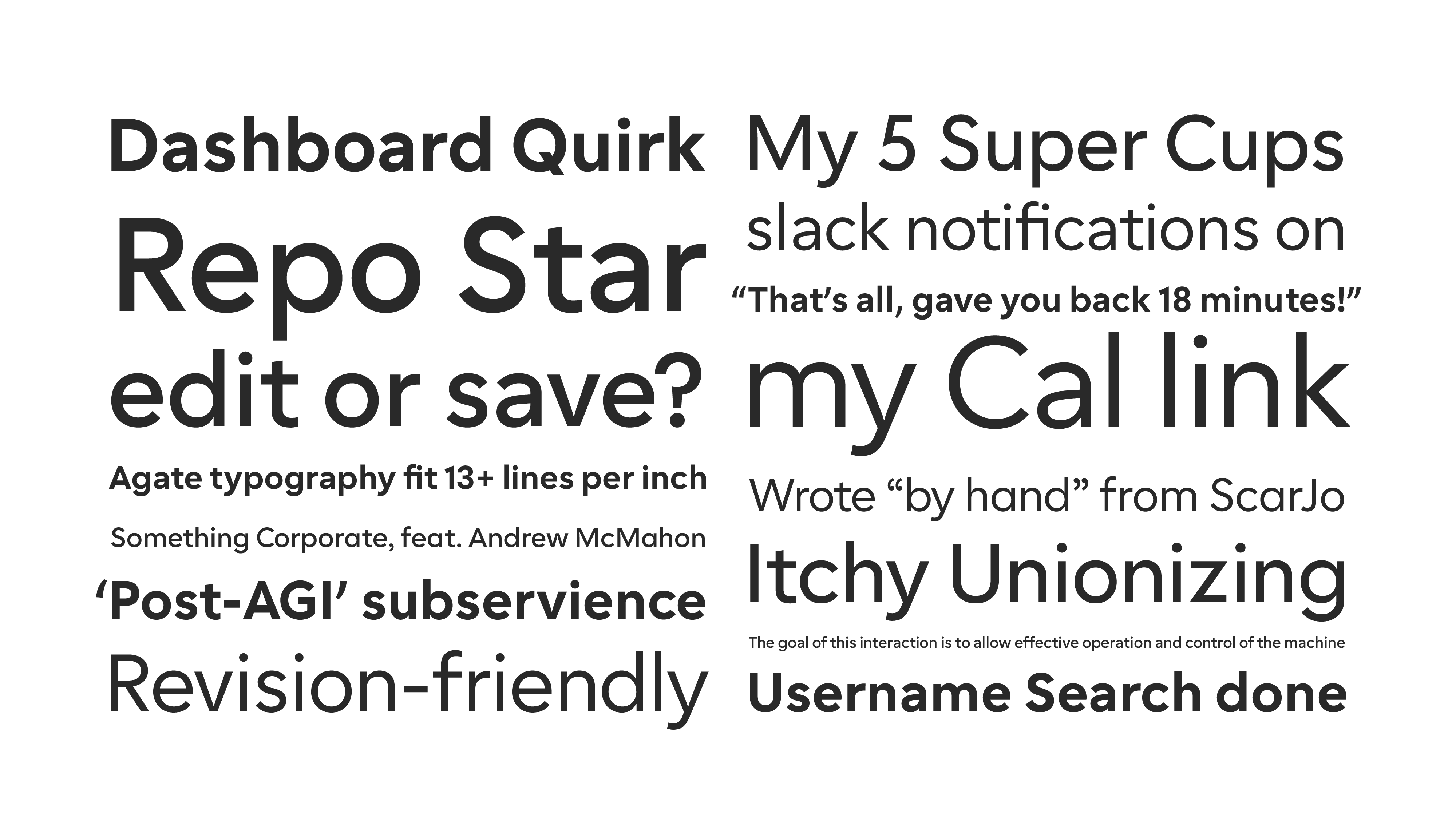 A Font Bureau-style specimen of Cal Sans Text UI: headline settings, a weight waterfall and running text