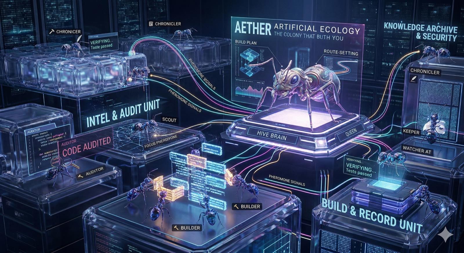 ▶ Aether Colony — Multi-agent workers self-organizing around a goal