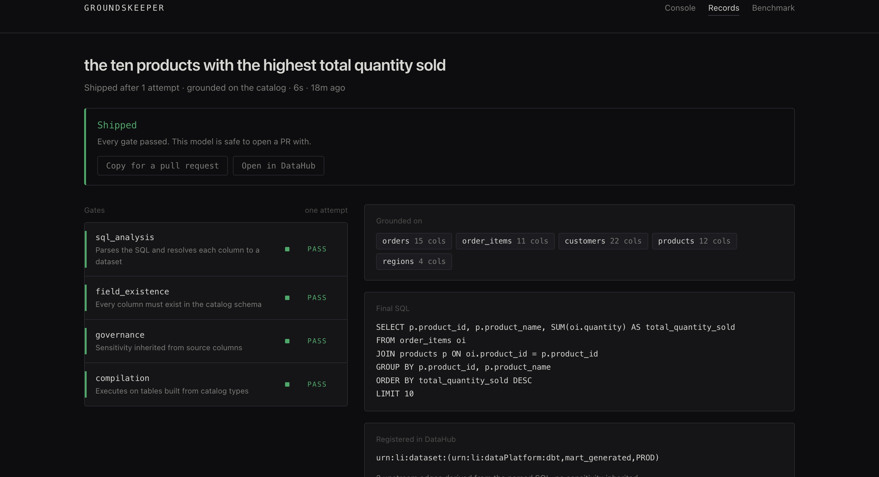 A shipped run, registered in DataHub