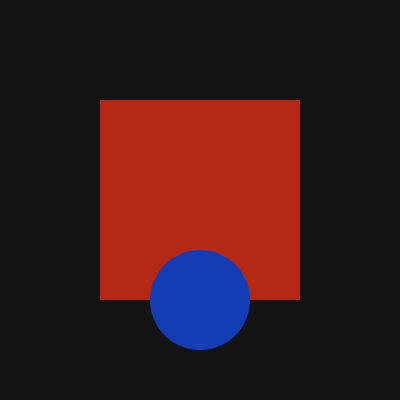 a large rotating red square with a small blue circle in front of it