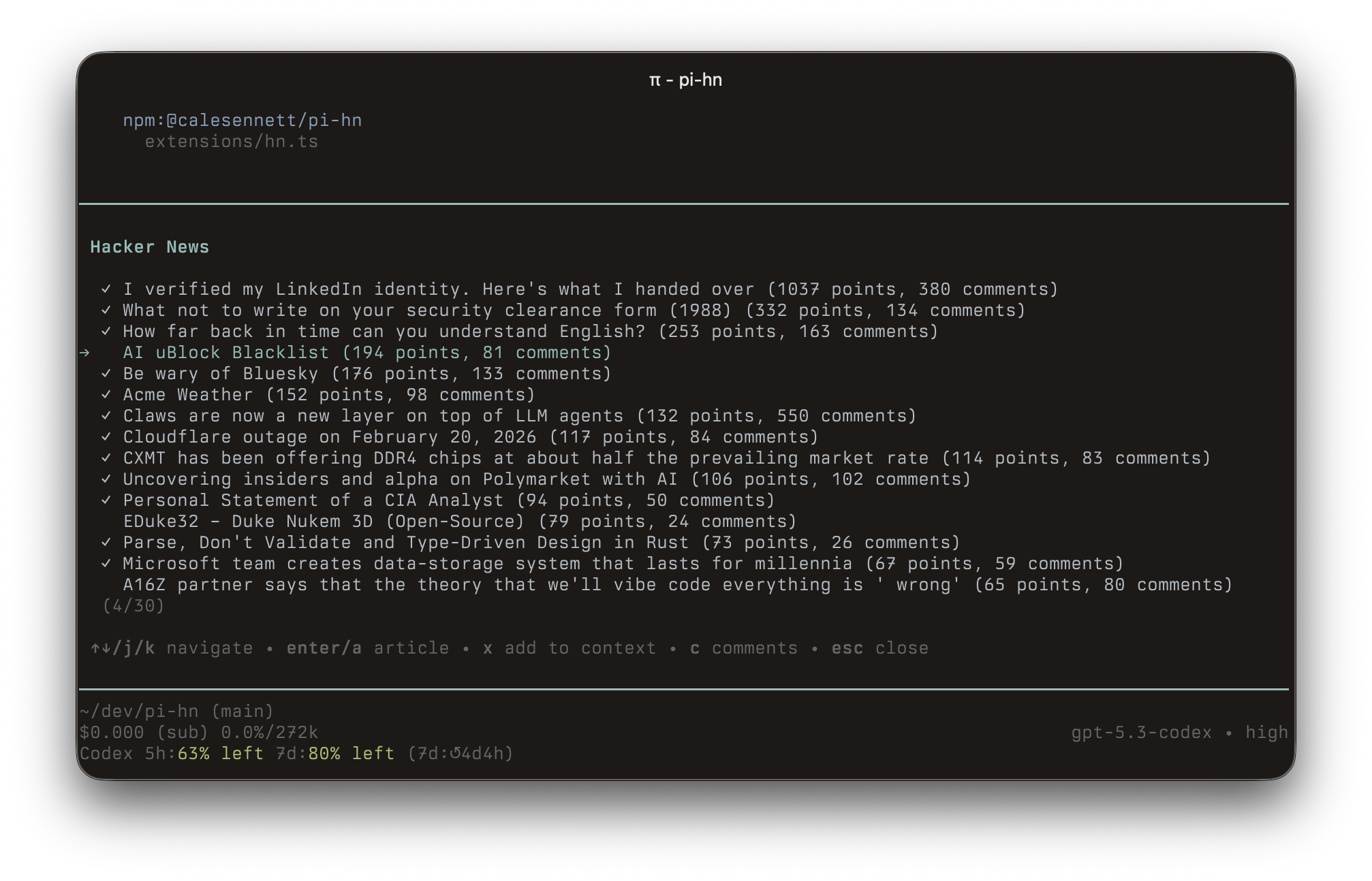 @calesennett/pi-hn screenshot 1