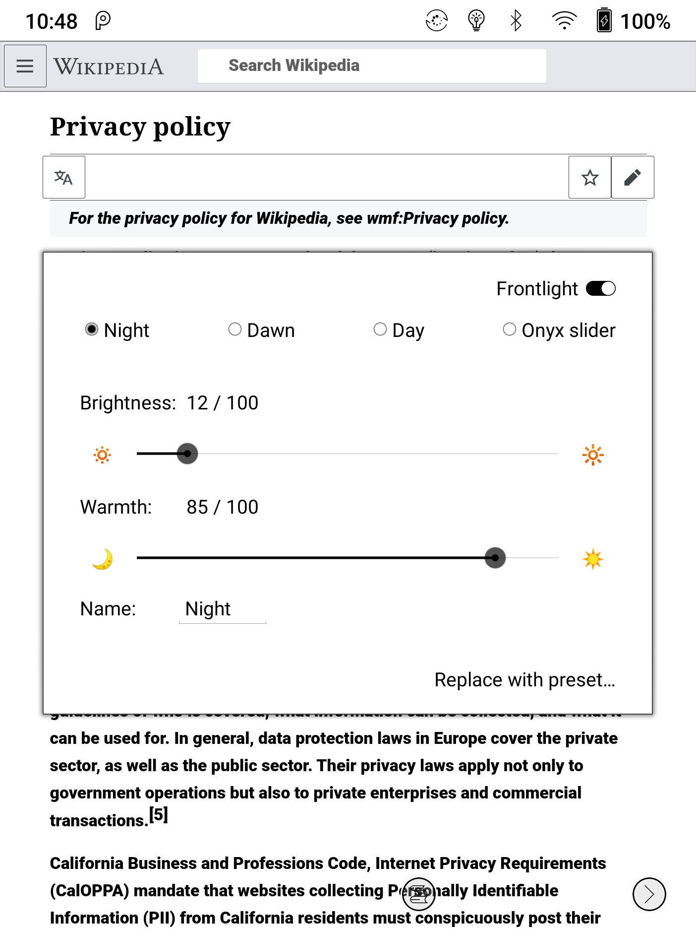 Brightness / Warmth silders in a dialog that shows over the current open app, so you can tune for desired readability