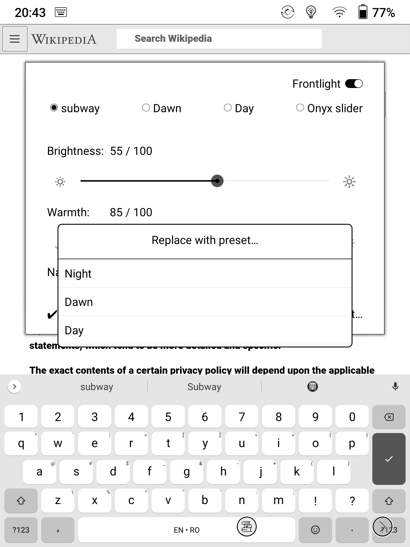 Brightness / Warmth configurations are editable: you can adjust warmth and/or brightness and rename the current configuration. You get a ✔ Saved message each time your changes are auto-saved. A dialog pops up when you choose to replace the current configuration with a preset.