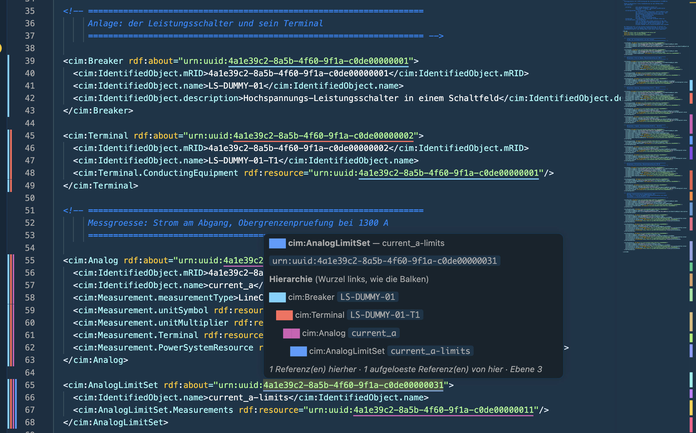 CIM/RDF Lens in action: coloured hierarchy bars in the gutter, colour-matched UUID underlines, overview-ruler markers, and a hover showing the full colour-coded hierarchy.