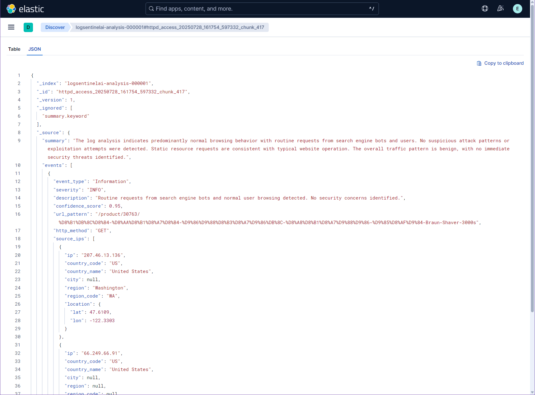 Structured JSON output from LogSentinelAI showing security event analysis results