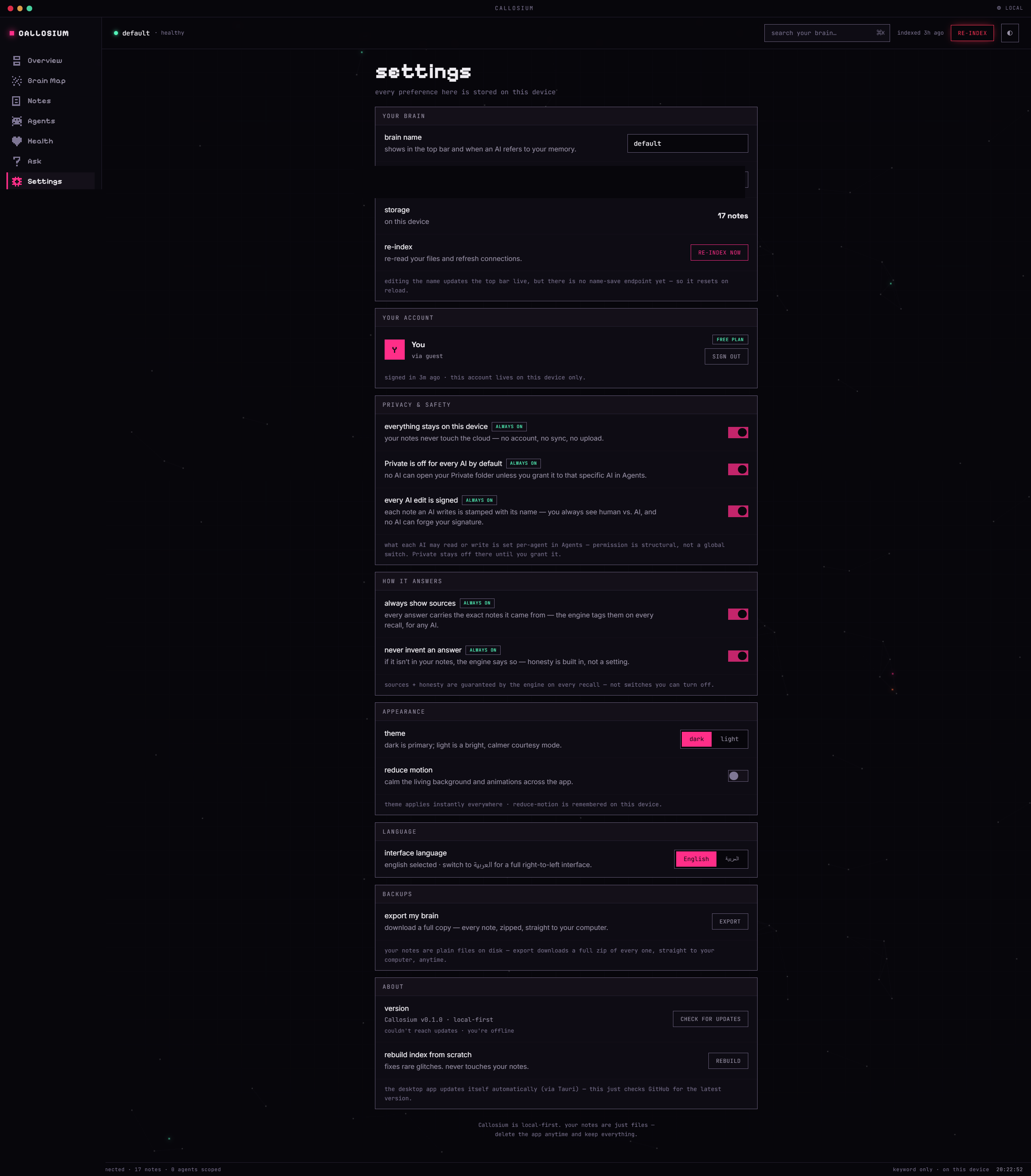 Settings screen