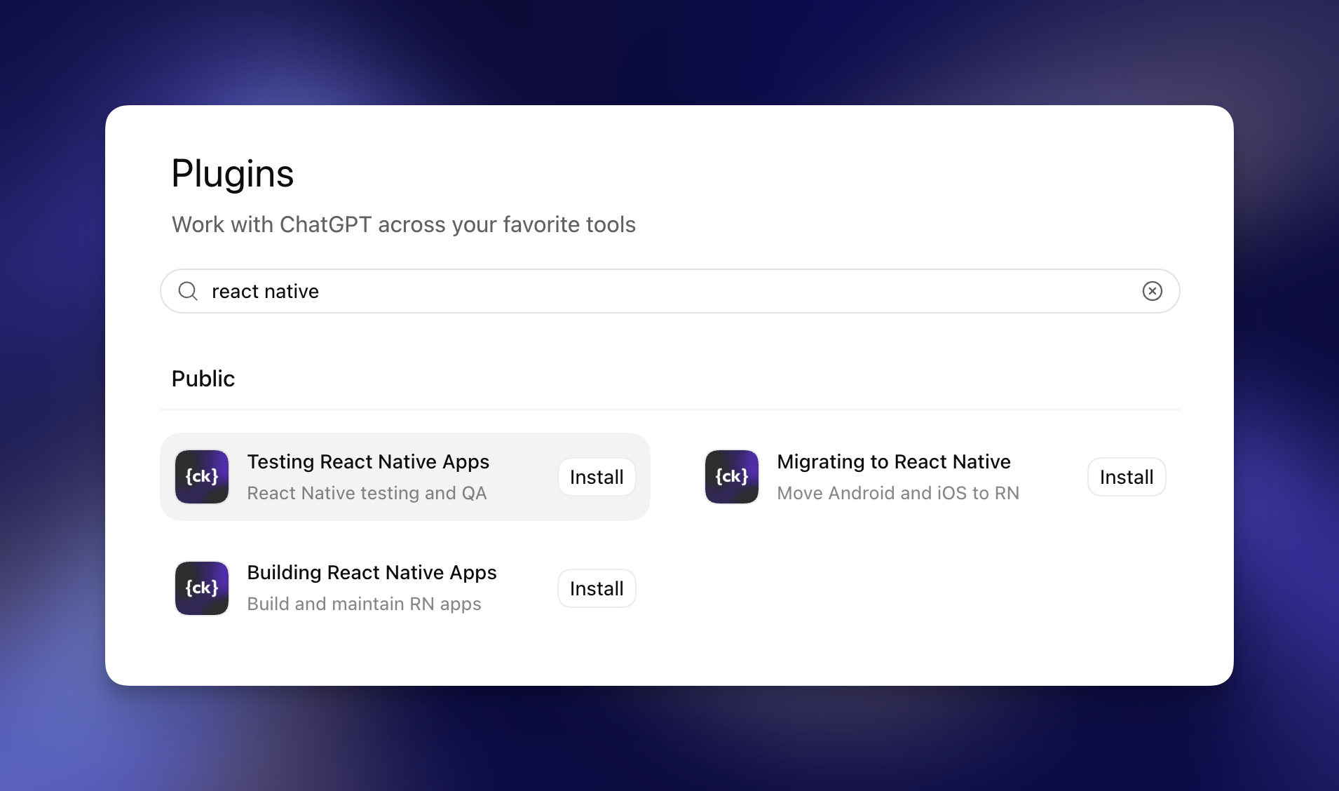 Callstack React Native plugins in Codex search results