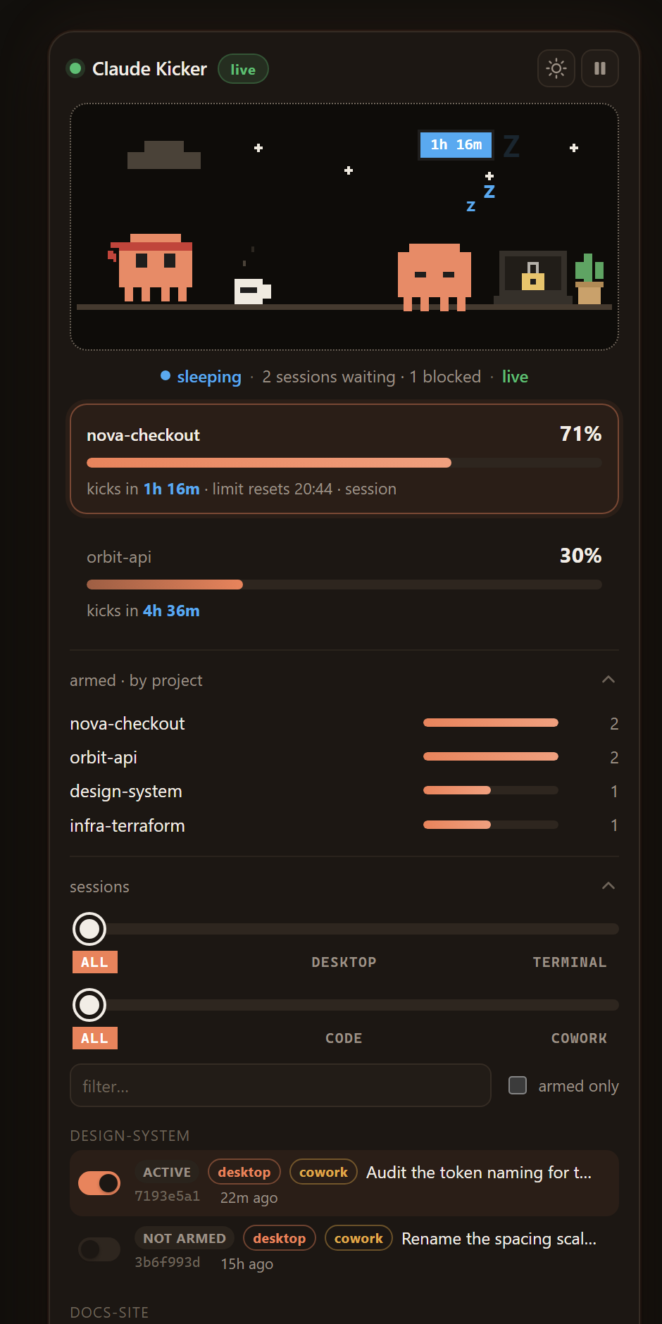 Claude Kicker dashboard, dark theme