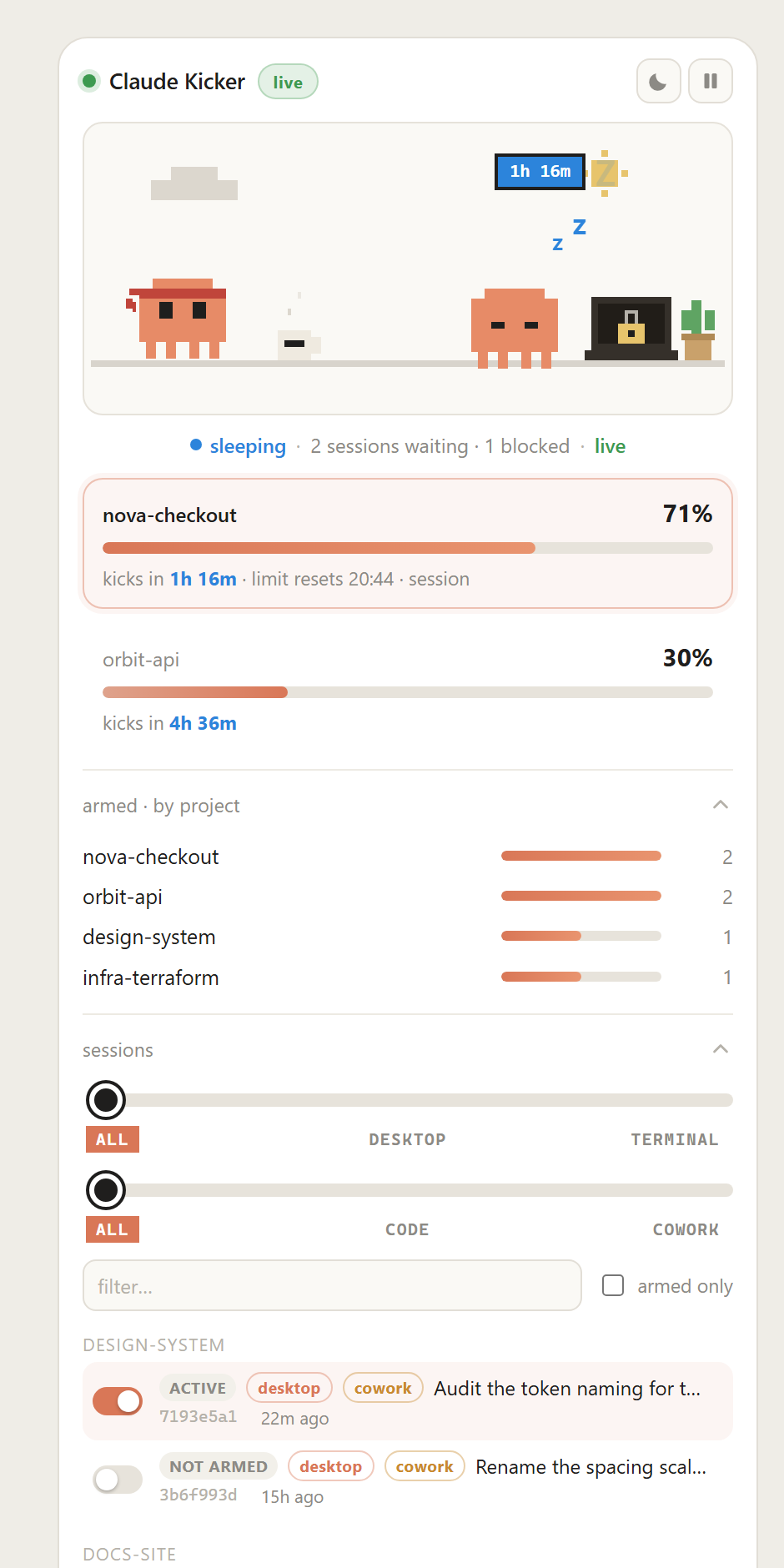 Claude Kicker dashboard, light theme