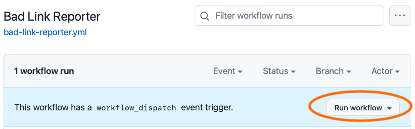 Screenshot of GitHub Actions workflow run button