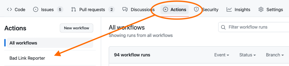 Screenshot of GitHub actions workflow list