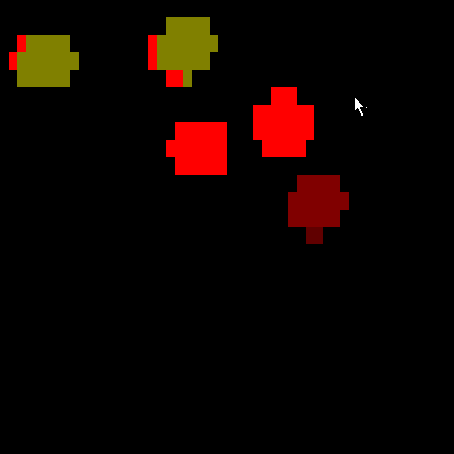 Five bouncing balls. A mouse arrow pulls them, a click adds one, and the right button pushes them away