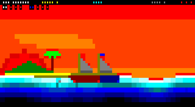 Two sailboats, a red one and a blue one, sailing side by side on the same sea while fireballs fall. The top row shows each player's lives