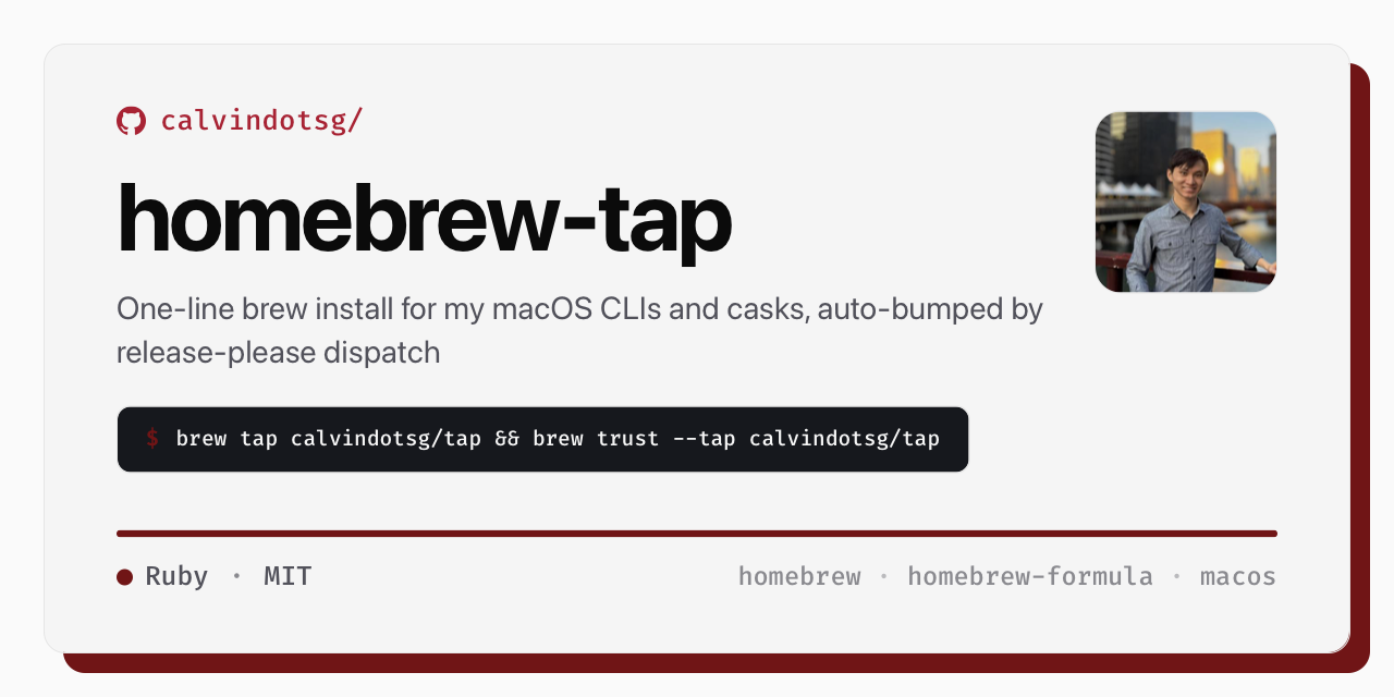 homebrew-tap — one-line brew install for calvindotsg's macOS CLIs and casks