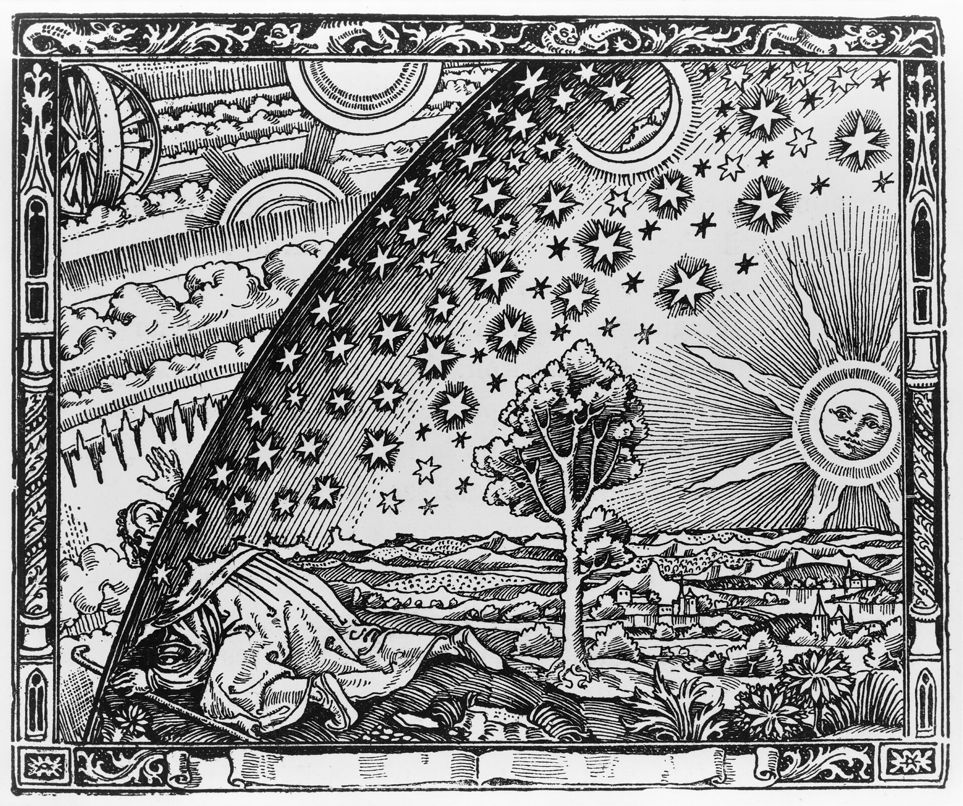 Flammarion-Holzschnitt: ein Wanderer blickt hinter das Himmelsgewölbe