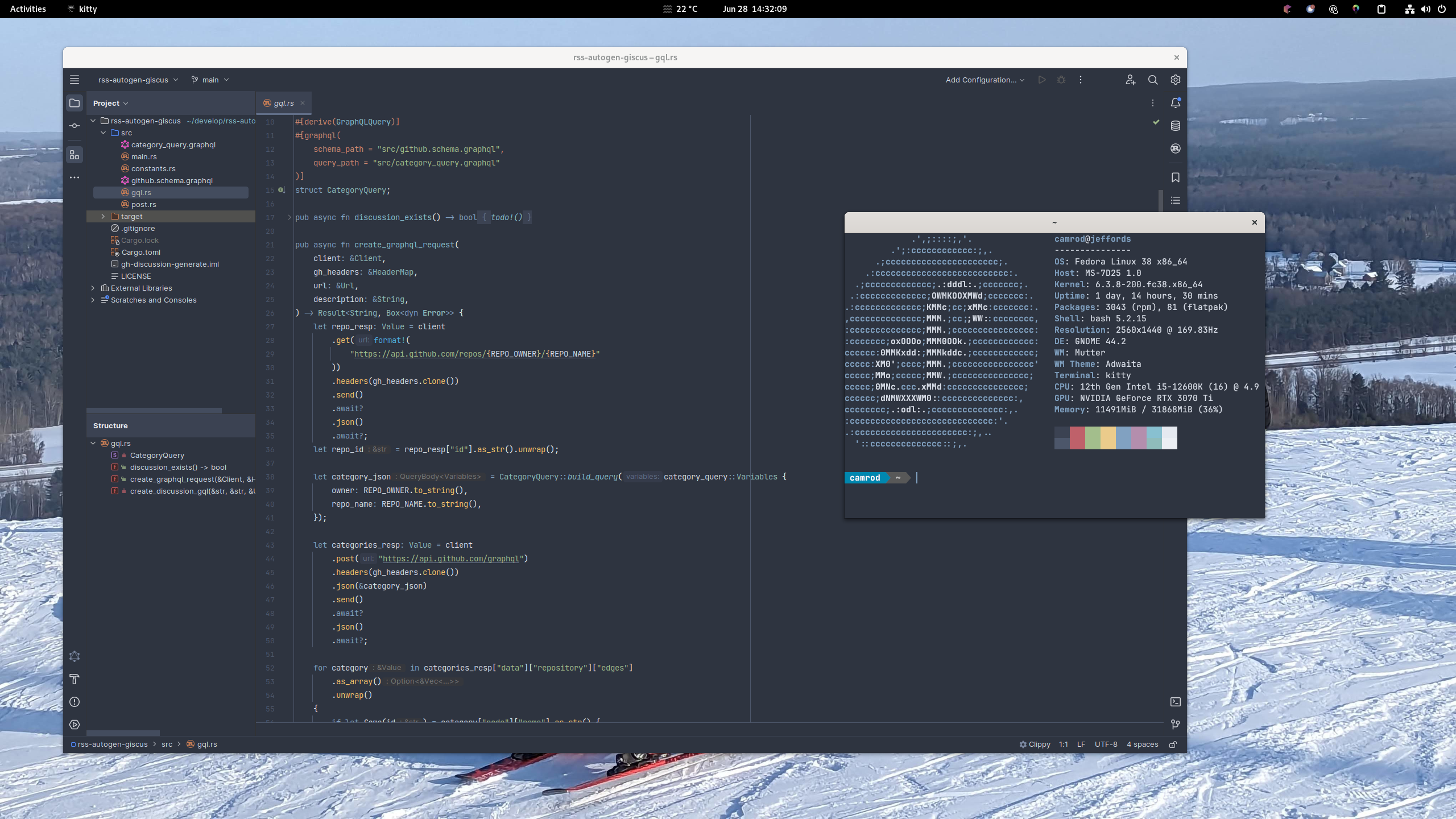 Screenshot of my Fedora desktop, featuring CLion and kitty. CLion is opened to cam-rod/rss-autogen-giscus, and kitty shows neofetch.