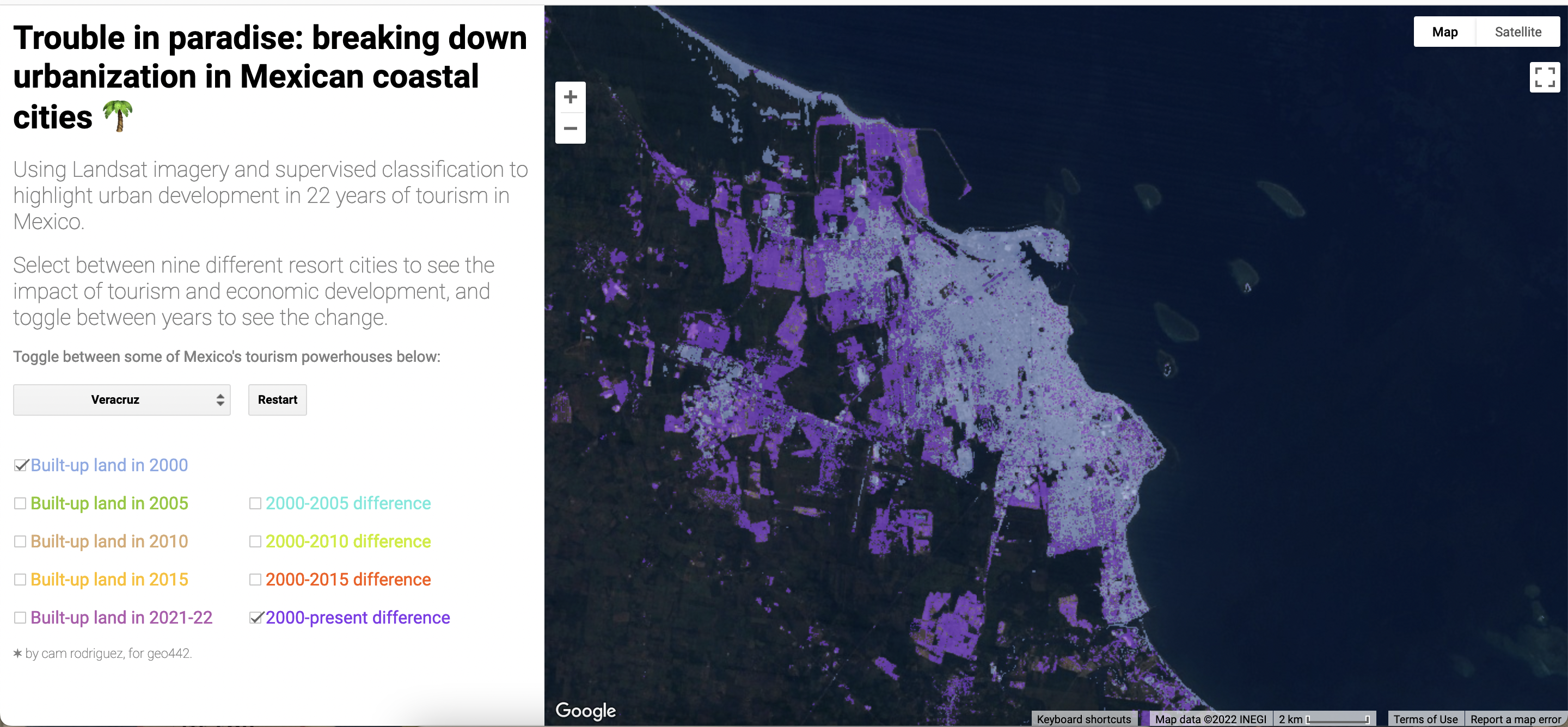 the ui for the web app, which depicts a list of years and cities on the left hand side with a white background and an interactive satellite map on the right hand side