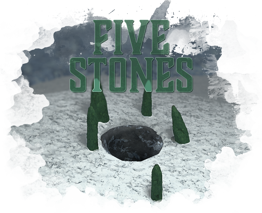 5 tall, green stones encircle a dark sinkhole in the snow. the title,