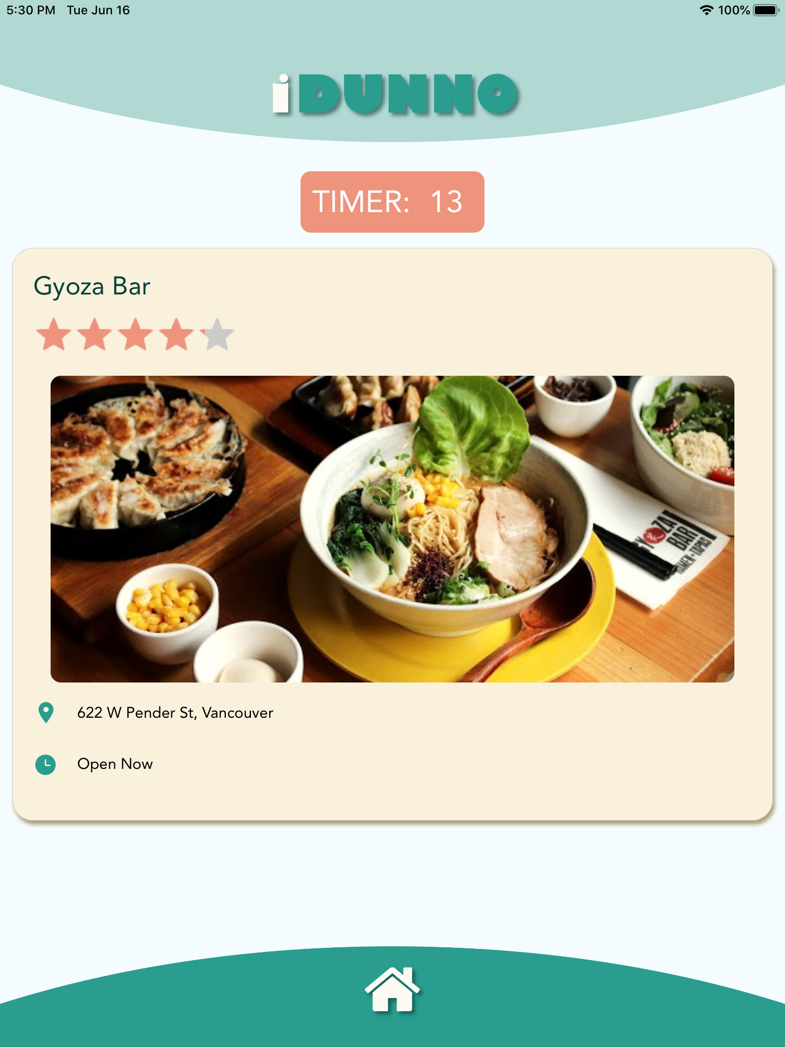 "Card swiping page with example restaurant"