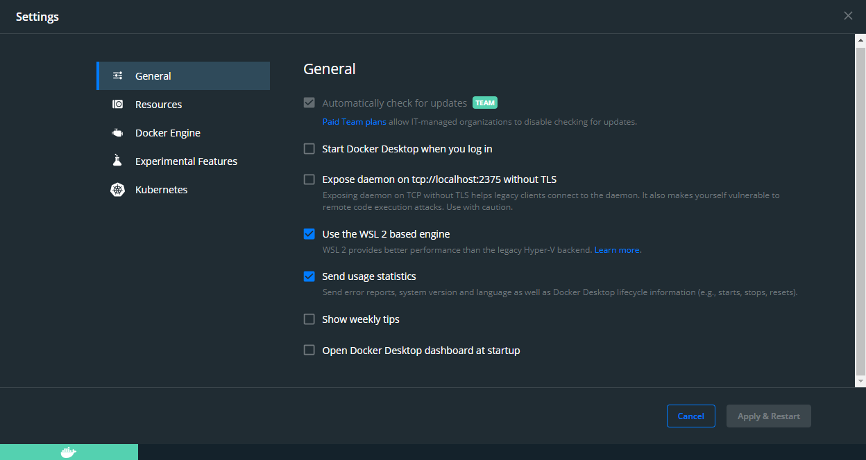 Docker Desktop General Settings