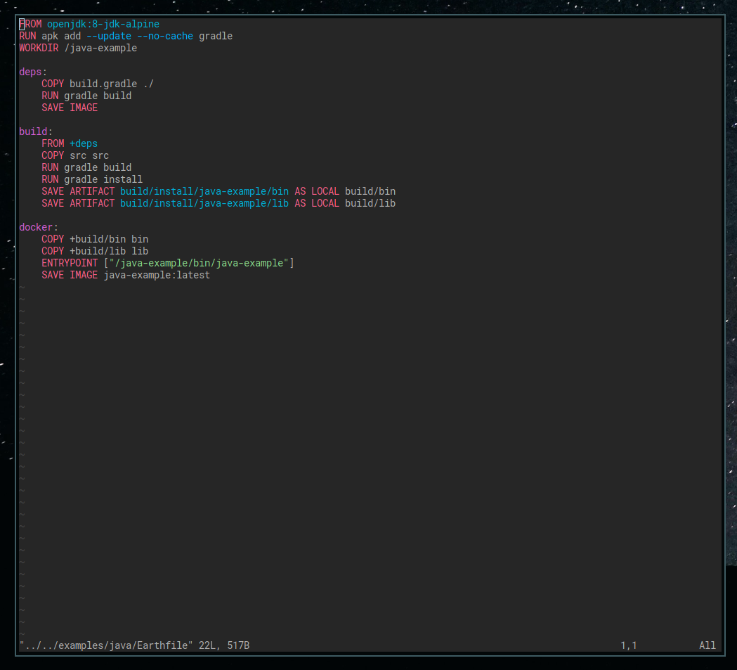 Java example Earthfile in Vim