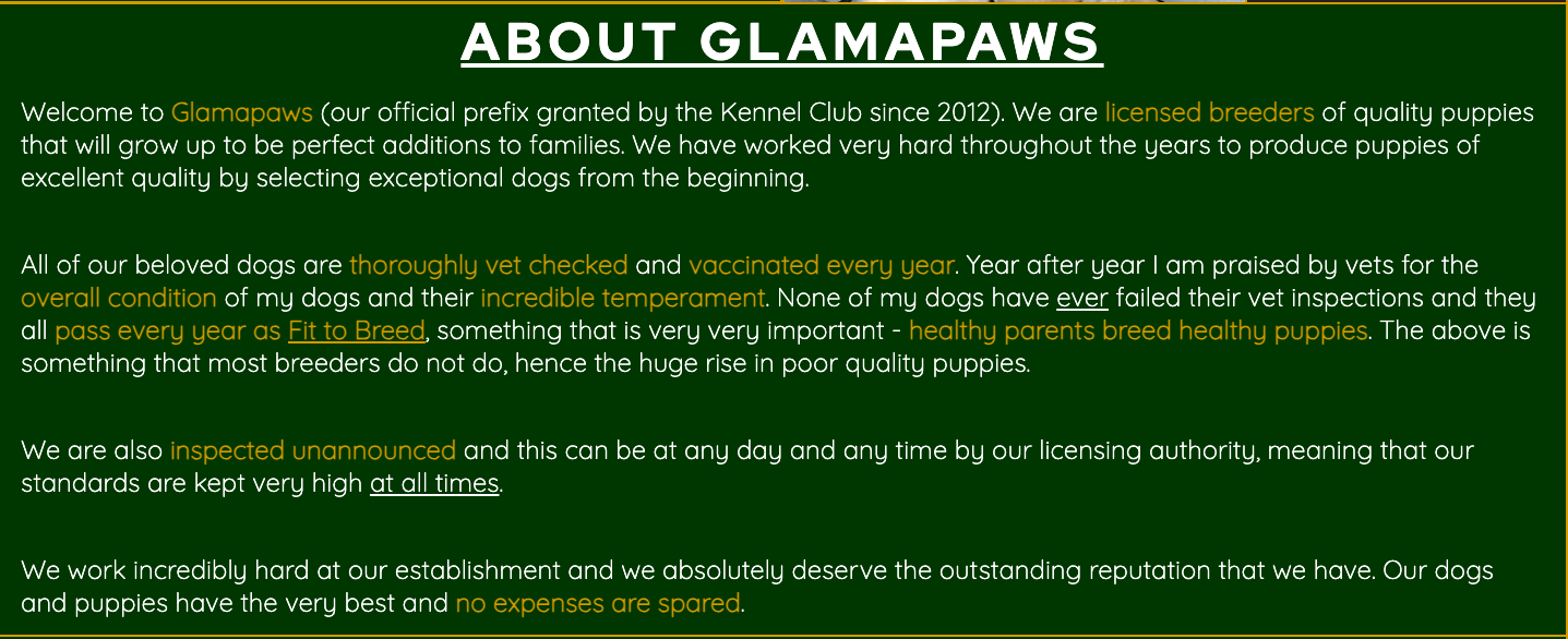 Screenshot of the About Glamapaws setion of the website