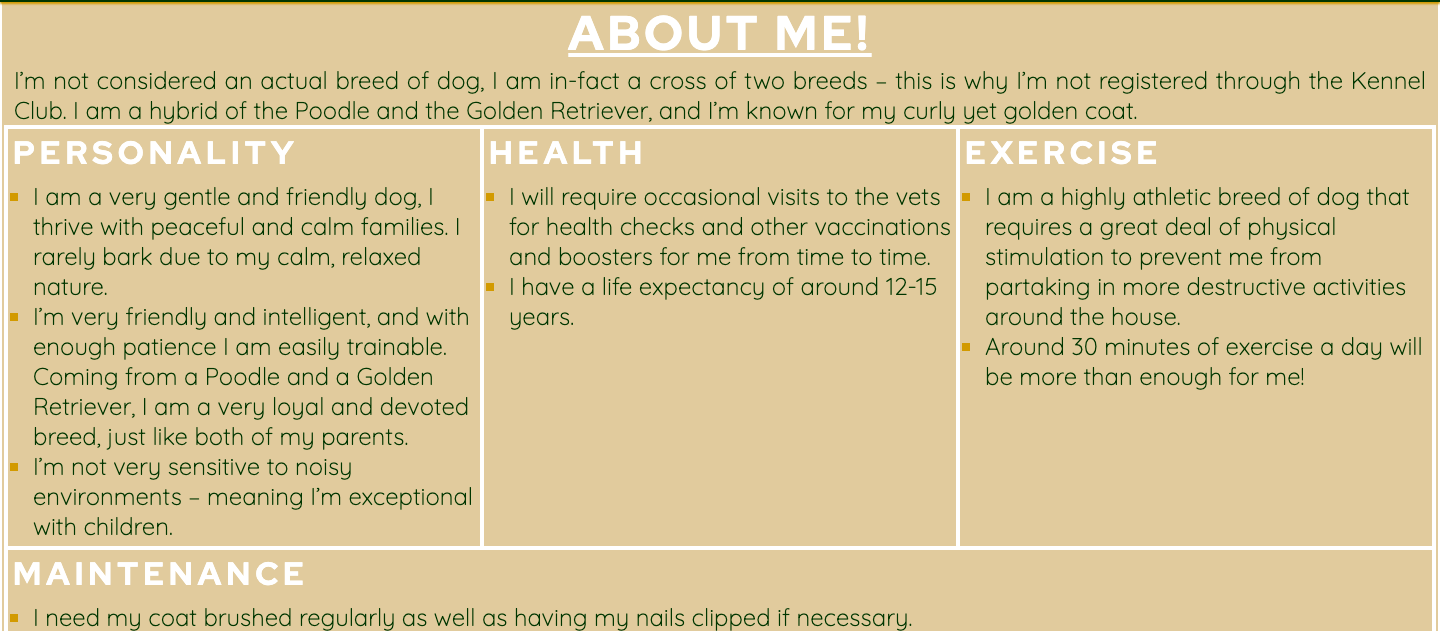 Screenshot of the breeds information. The breeds information is categorised into Health, Personality, Exercise and Maintenance.