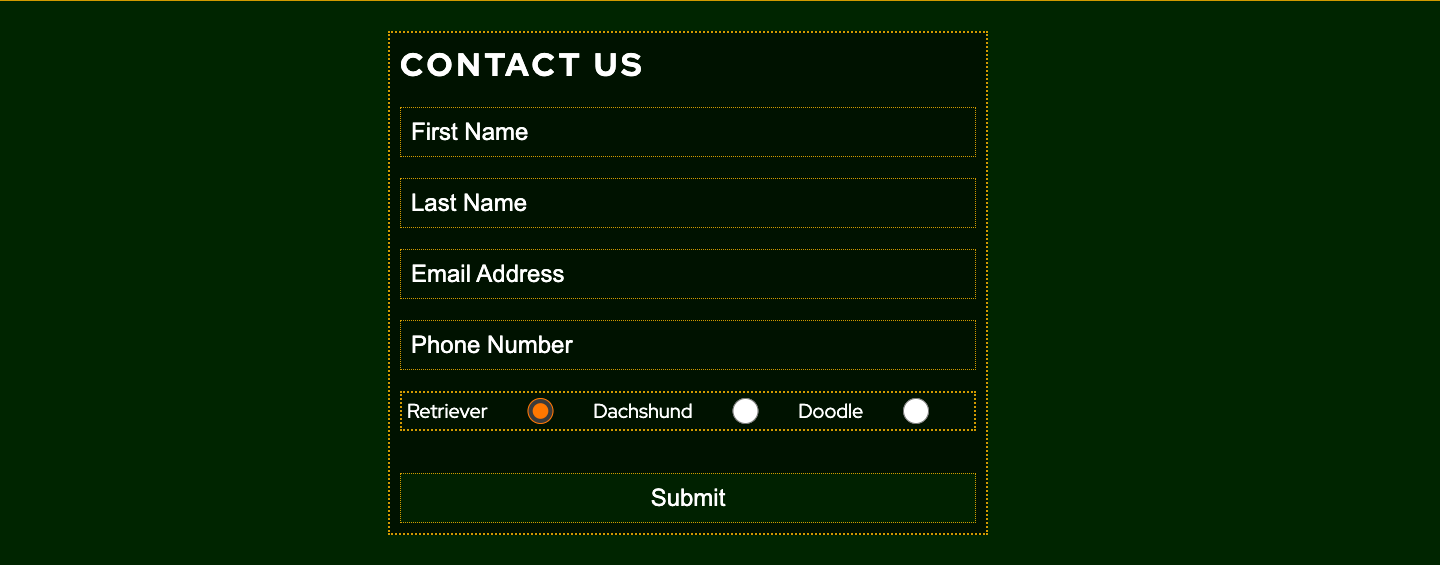 Screenshot of the contact us form where users can enter their details to start an enquiry to Glamapaws.