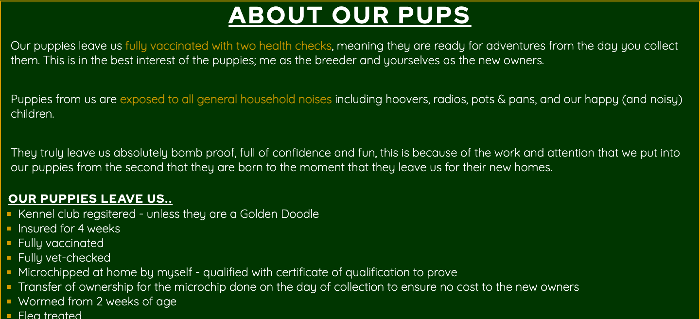 Screenshot of the About Our Pups section of the website. Information about the puppies along with a list of what to expect can be found.